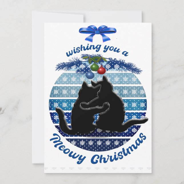 Meowy Christmas Cards Blue White Flat Holiday Card (Front)