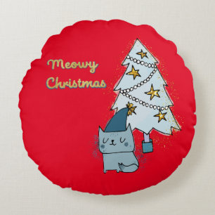 Meowy Christmas Cat and Tree Round Pillow