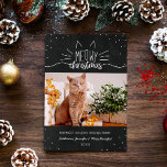 Meowy Christmas - Cat Christmas Photo Holiday Card<br><div class="desc">Charming black and white Christmas card with Meowy Christmas written in white hand-lettered fonts,  decorated with ears and whiskers. Add a photo of your cat,  along with your names and the year. The back features black dots against a snow white background.</div>