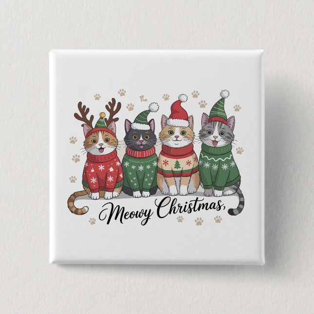 Meowy Christmas Cat Cute Cats with Santa Claus Hat Button (Front)