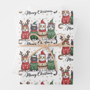 Meowy Christmas Cat Cute Cats with Santa Claus Hat Wrapping Paper Sheets