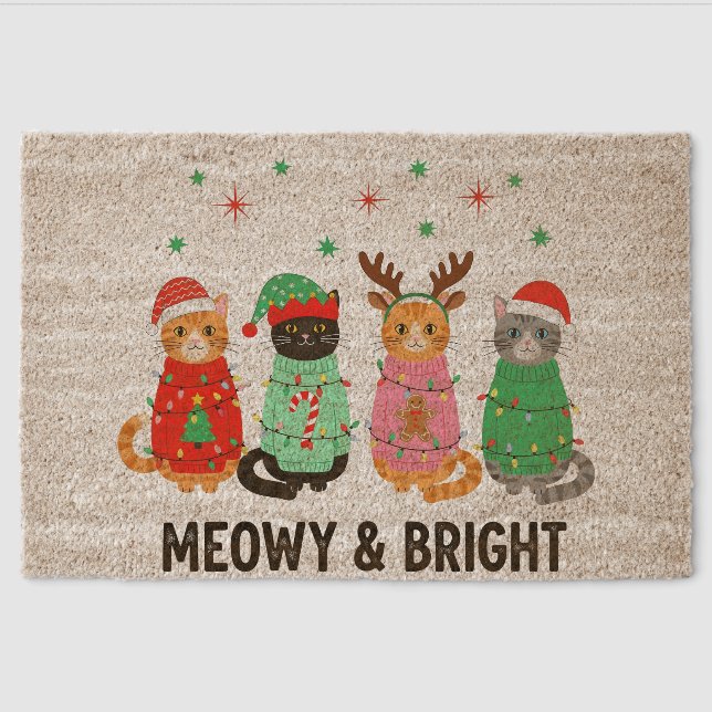 Meowy Christmas Cat Fiber Doormat (Front)