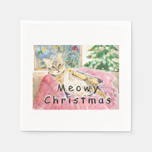 Meowy Christmas cat in London  Napkins (Front)