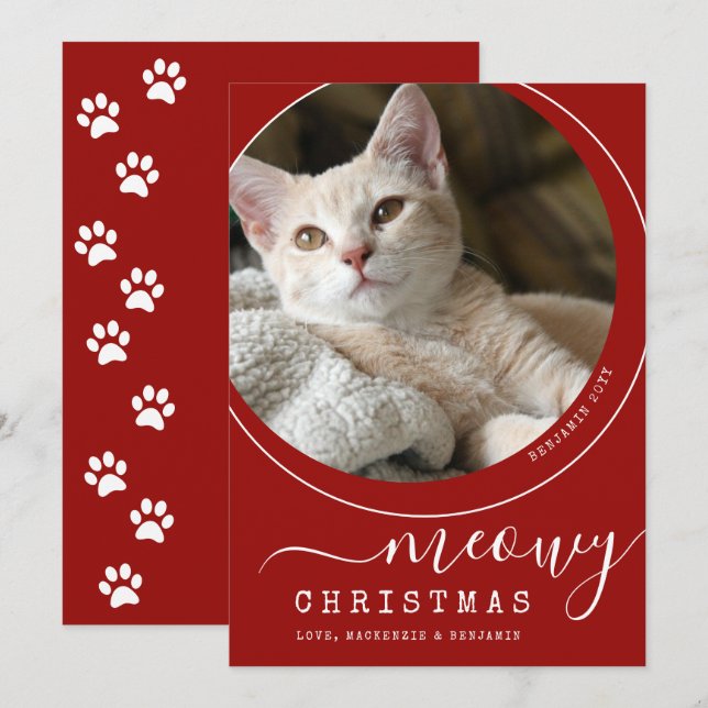 Meowy Christmas Cat Kitten Photo Red and White (Front/Back)