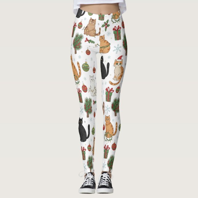 Meowy Christmas Cat Leggings - Gift For Cat Mom (Front)