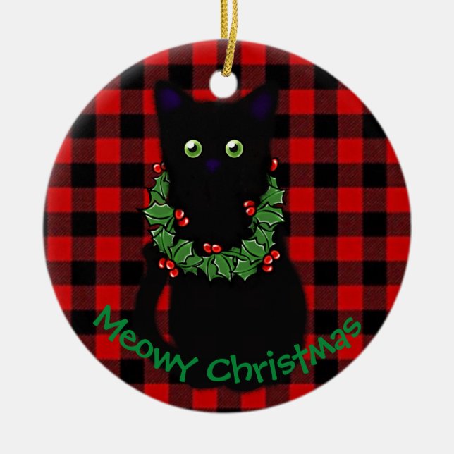 Meowy Christmas | cat lover gift | black cat  Ceramic Ornament (Front)