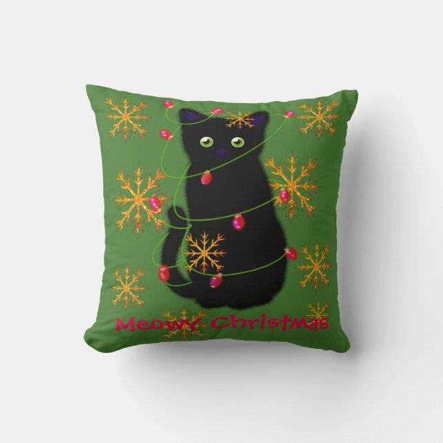 Meowy Christmas | cat lover gift | black cat  Throw Pillow (Front)