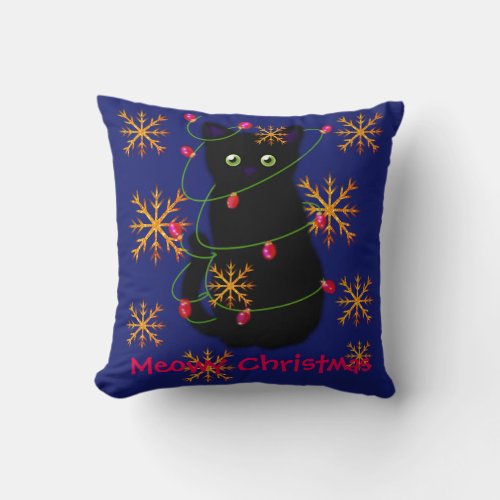 Meowy Christmas  cat lover gift  black cat  Throw Pillow
