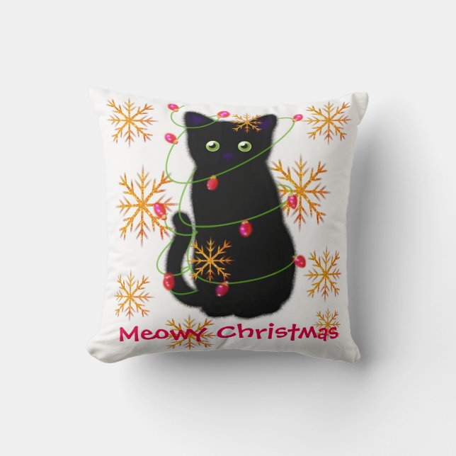 Meowy Christmas | cat lover gift | black cat  Throw Pillow (Front)