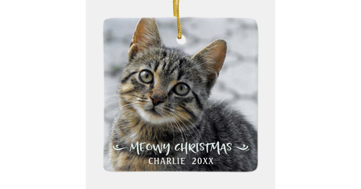 Meowy Christmas Cat Name Photo Ceramic Ornament Zazzle Com