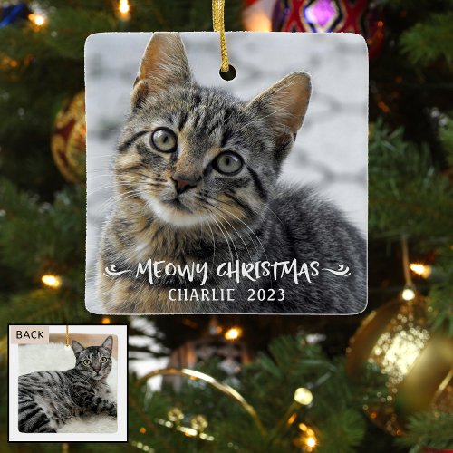 MEOWY CHRISTMAS Cat Name Photo Ceramic Ornament