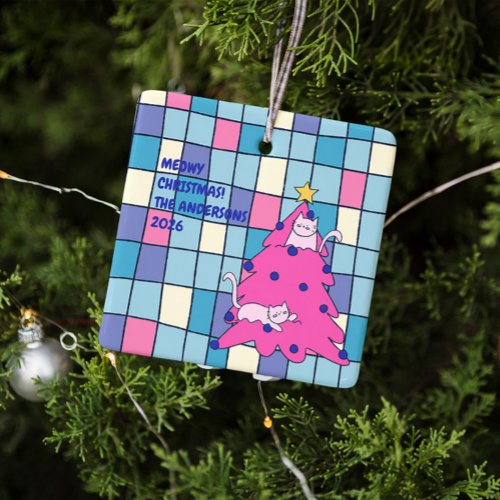 Meowy Christmas Cat Party Ceramic Ornament