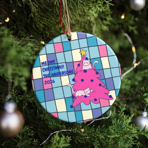 Meowy Christmas Cat Party Ceramic Ornament