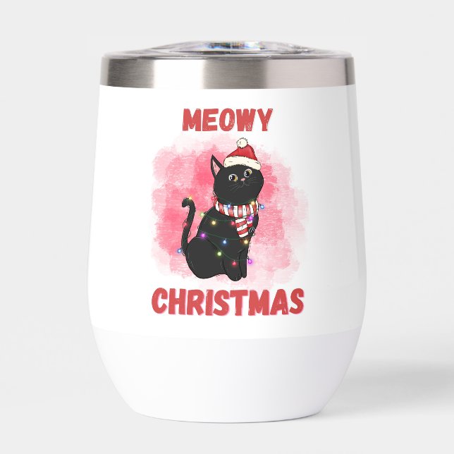 Meowy Christmas Cat Personalized Thermal Wine Tumbler (Front)