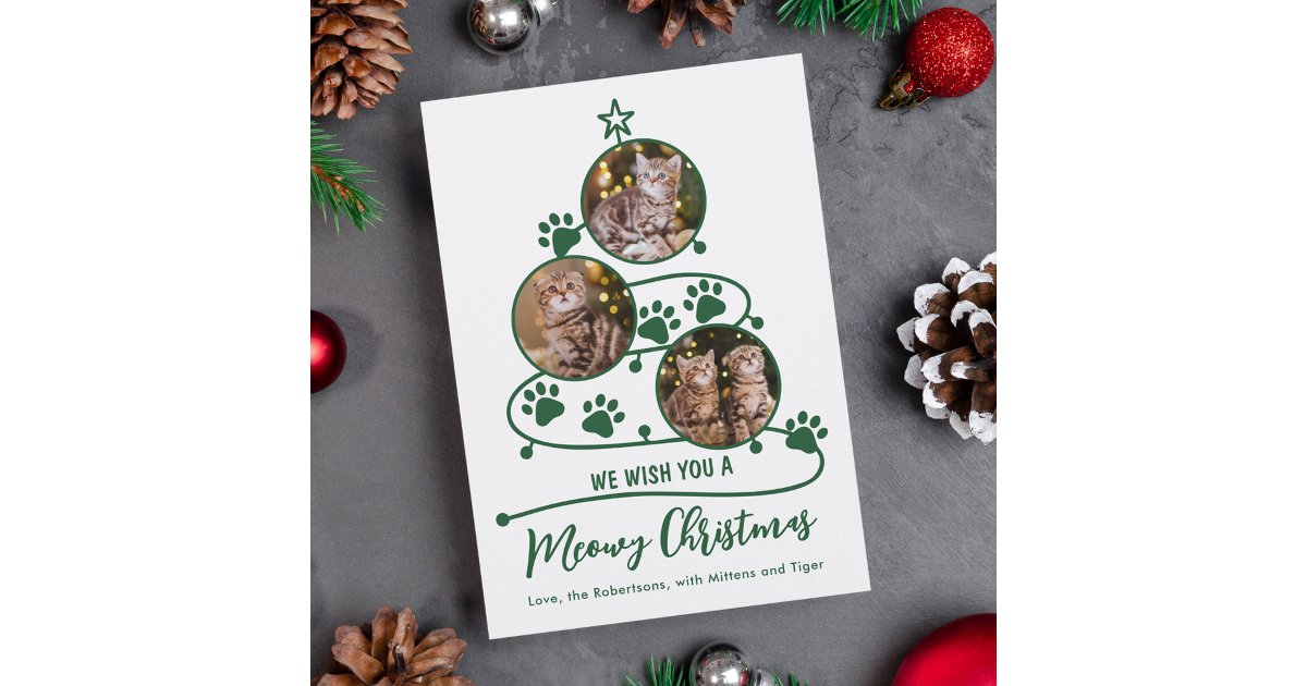 Meowy Christmas Cat Pet 3 Photo Holiday Card | Zazzle