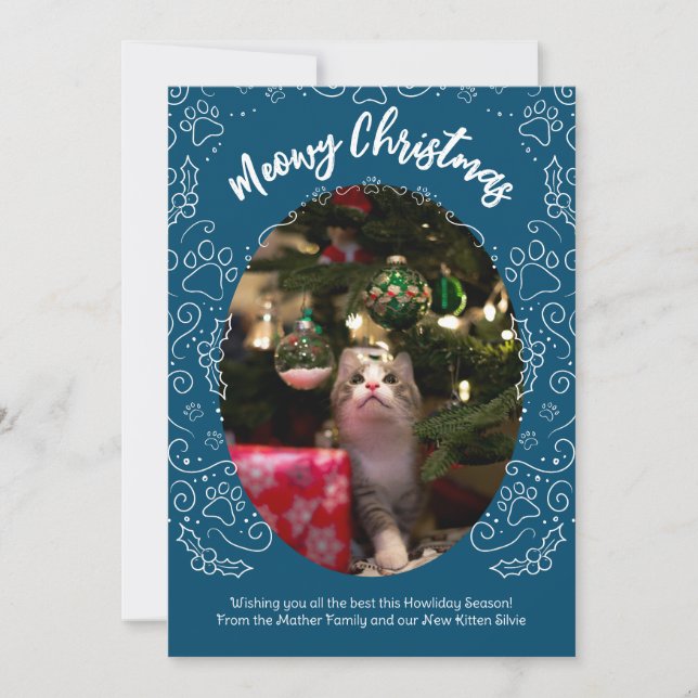 Meowy Christmas Cat Pet Christmas Card Dark Blue (Front)