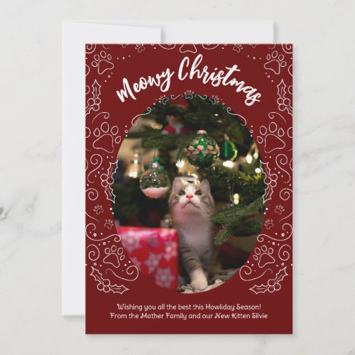 Meowy Christmas Cat Pet Christmas Card Dark Red