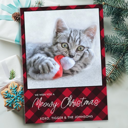 Meowy Christmas Cat Pet Photo Red Buffalo Plaid  Holiday Card