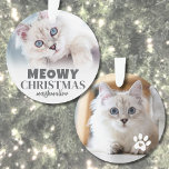 Meowy Christmas Cat Photo Ornament<br><div class="desc">Personalized "Meowy Christmas" Cat Photo Ornament. Bring some holiday cheer and humor to your decor with this playful cat ornament, perfect for those with a mischievous kitten or sassy kitty. The front features the festive text "Meowy Christmas" as a fun twist on the traditional greeting, along with your cat's name,...</div>