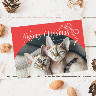 Meowy Christmas Cat Photo Red Holiday Card