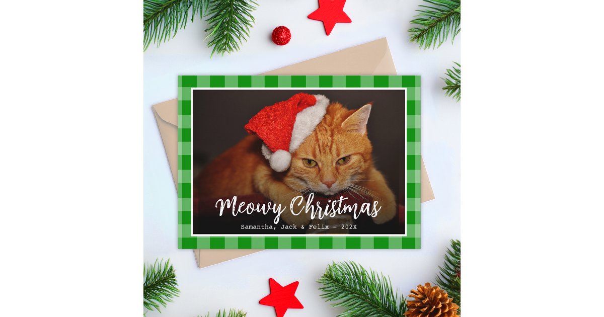 Meowy Christmas Cat Photo & Script on Green Plaid Holiday Card | Zazzle