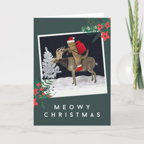 Meowy Christmas _ Cat Riding Reindeer Holiday Card