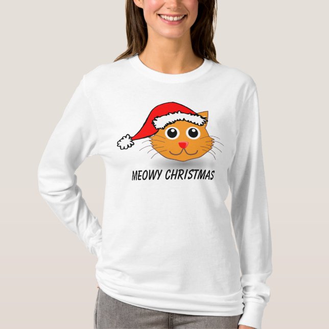 Meowy Christmas, Cat T-shirt, Long sleeved T-Shirt (Front)