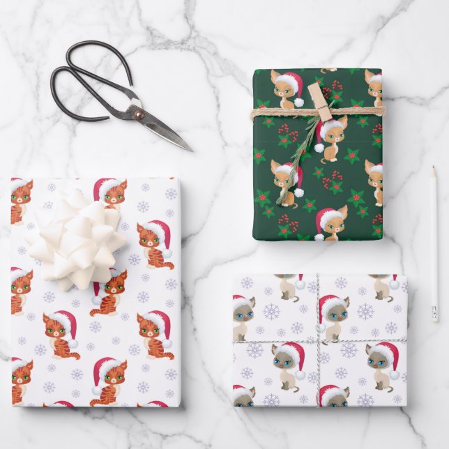 Meowy Christmas Cat Themed Wrapping Paper Sheets (Front)