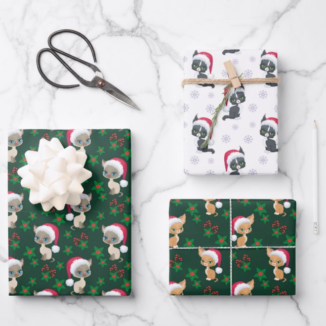 Meowy Christmas Cat Themed Wrapping Paper Sheets (Front)