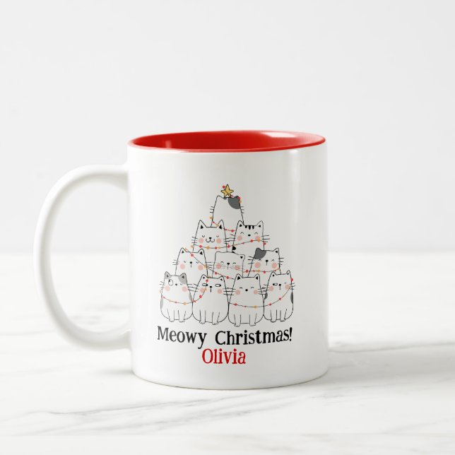 Meowy Christmas Cat Tree Mug – Custom Name Holiday (Left)