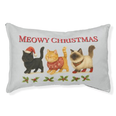 Meowy Christmas Cat Trio with Holly Trail Pet Bed