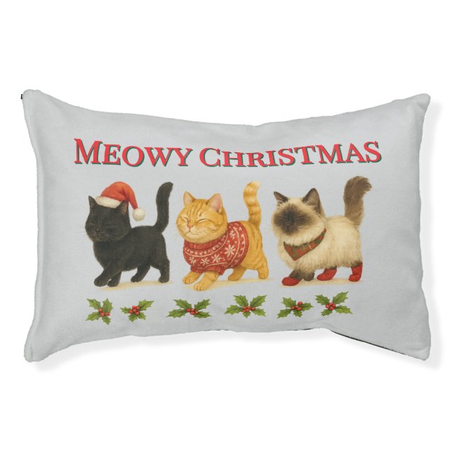 Meowy Christmas Cat Trio with Holly Trail Pet Bed (Front)