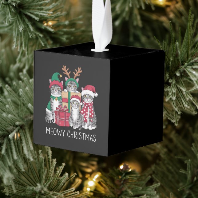 Meowy Christmas Cat Xmas Funny Cats Lover  Cube Ornament (Tree)
