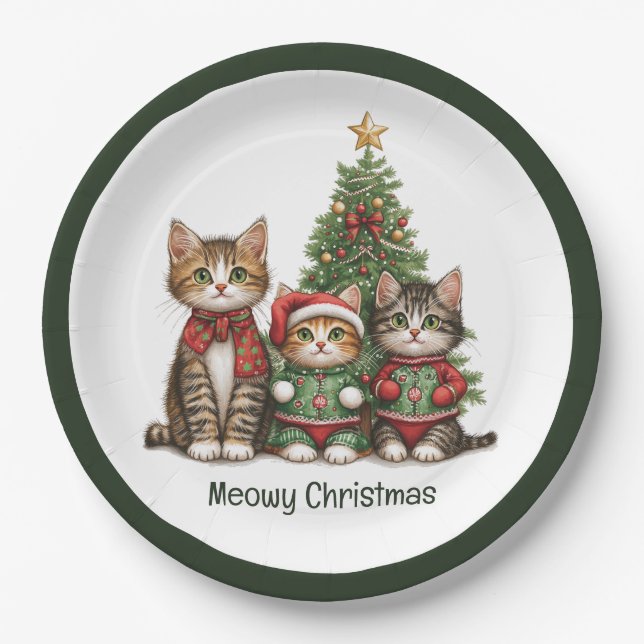 Meowy Christmas Cats Paper Plates (Front)