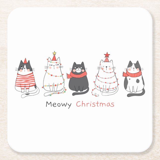 Meowy Christmas Cats Square Paper Coaster (Front)