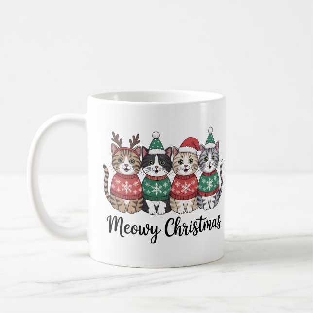 Meowy Christmas Coffee | Cute Holiday Cat Lover Coffee Mug (Left)