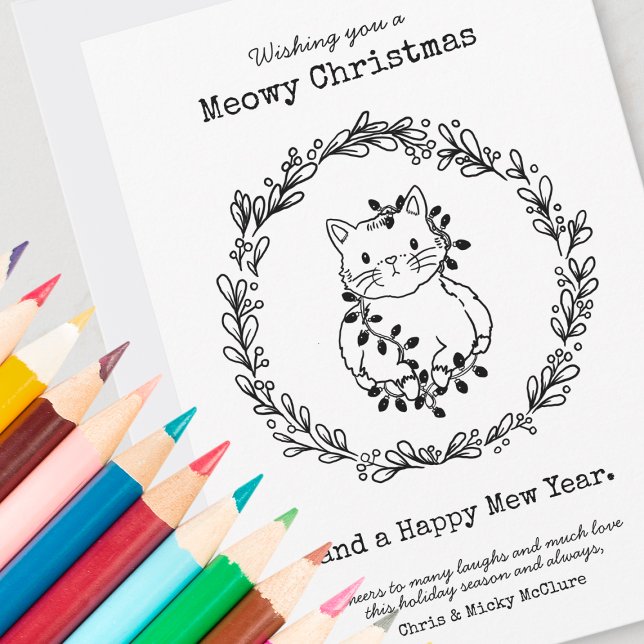 Meowy Christmas Color Your Own Cat in Lights Holiday Card (Coloring Cards for Kids)