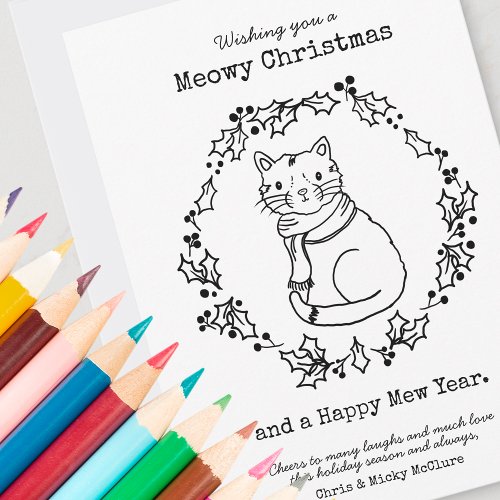 Meowy Christmas Color Your Own Cute Cat in Scarf Holiday Card