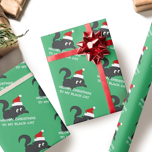 Meowy Christmas Cute Black Kitty Cat Green Wrapping Paper