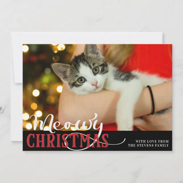 Meowy Christmas Cute Cat Add Your Custom Photo Holiday Card | Zazzle