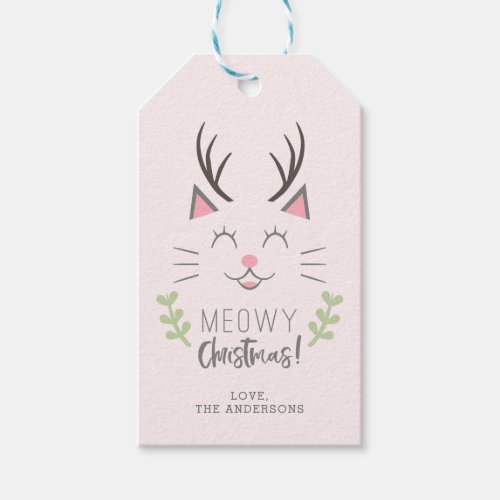 Meowy Christmas  Cute Cat Antlers Personalized Gift Tags