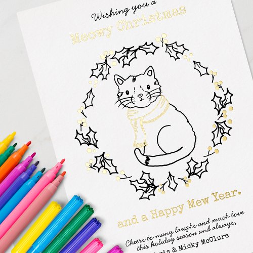 Meowy Christmas Cute Cat in Scarf Foil Holiday Card