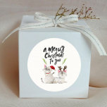 Meowy Christmas Cute Cat Lovers Classic Round Sticker<br><div class="desc">Cute Christmas envelope seal or gift wrapping sticker featuring an illustration of two siamese cats wearing a santa hat and antlers. The typography text above says "a meowy christmas to you" with winter foliage surrounding it.</div>