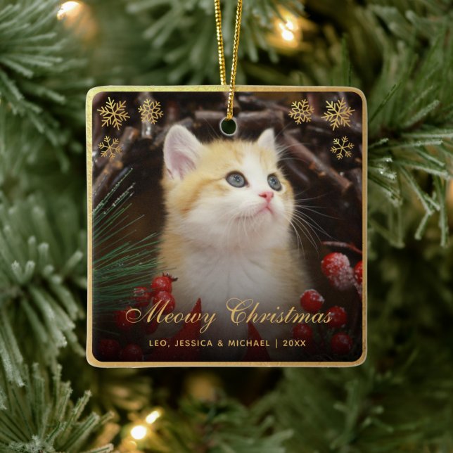 Meowy Christmas Cute Cat Pet Photo Faux Gold Foil Ceramic Ornament (Tree)