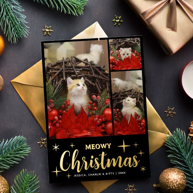 Meowy Christmas Cute Cat  Photo Collage Pet Kitten Foil Holiday Card (Creator Uploaded)