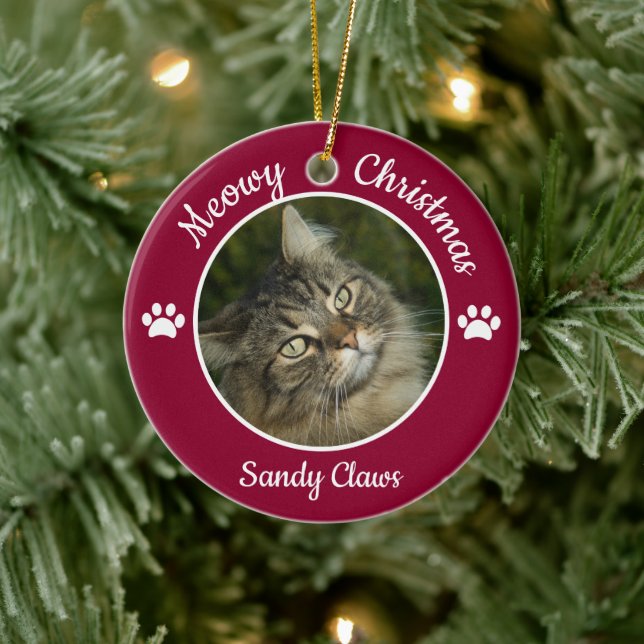 Meowy Christmas Cute Cat Photo Name Year Paws Ceramic Ornament (Tree)