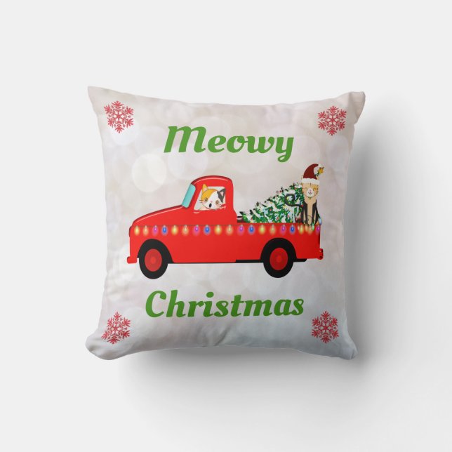 Meowy Christmas Cute Cat Red Truck Snowflakes Throw Pillow (Front)
