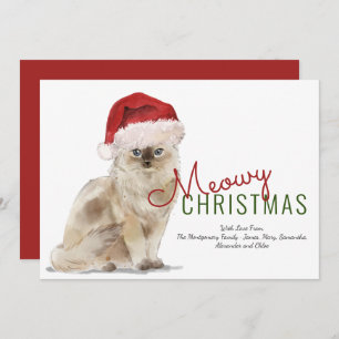 Meowy Christmas Cute Cat Santa Hat Modern Script Holiday Card