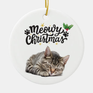 Meowy Christmas Cute Cat Sleeping  Ceramic Ornament