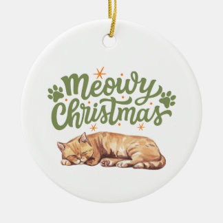 Meowy Christmas Cute Cat Sleeping Ceramic Ornament